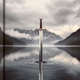 A striking book cover featuring a sword firmly thrust into the center of a tranquil lake, with the blade partially submerged and the hilt standing proudly above the surface