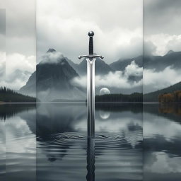 A striking book cover featuring a sword firmly thrust into the center of a tranquil lake, with the blade partially submerged and the hilt standing proudly above the surface