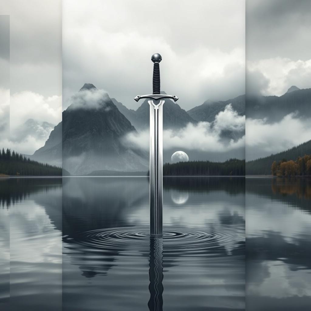 A striking book cover featuring a sword firmly thrust into the center of a tranquil lake, with the blade partially submerged and the hilt standing proudly above the surface