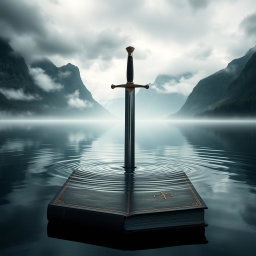 A striking book cover featuring a sword firmly thrust into the center of a tranquil lake, with the blade partially submerged and the hilt standing proudly above the surface