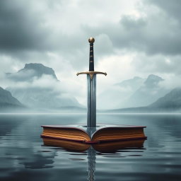 A striking book cover featuring a sword firmly thrust into the center of a tranquil lake, with the blade partially submerged and the hilt standing proudly above the surface
