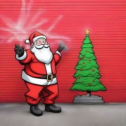 Santa Claus in his iconic red suit, actively creating a graffiti-style Christmas tree on a blank public wall in an urban backdrop