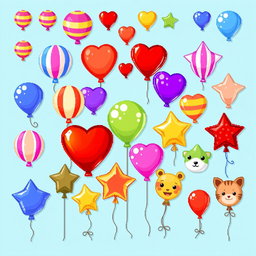 A vibrant and colorful pixel art spritesheet showcasing various types of balloons (globos) in different shapes and sizes