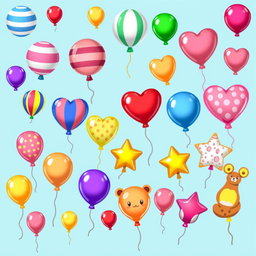 A vibrant and colorful pixel art spritesheet showcasing various types of balloons (globos) in different shapes and sizes