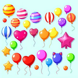 A vibrant and colorful pixel art spritesheet showcasing various types of balloons (globos) in different shapes and sizes
