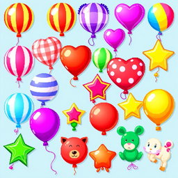 A vibrant and colorful pixel art spritesheet showcasing various types of balloons (globos) in different shapes and sizes