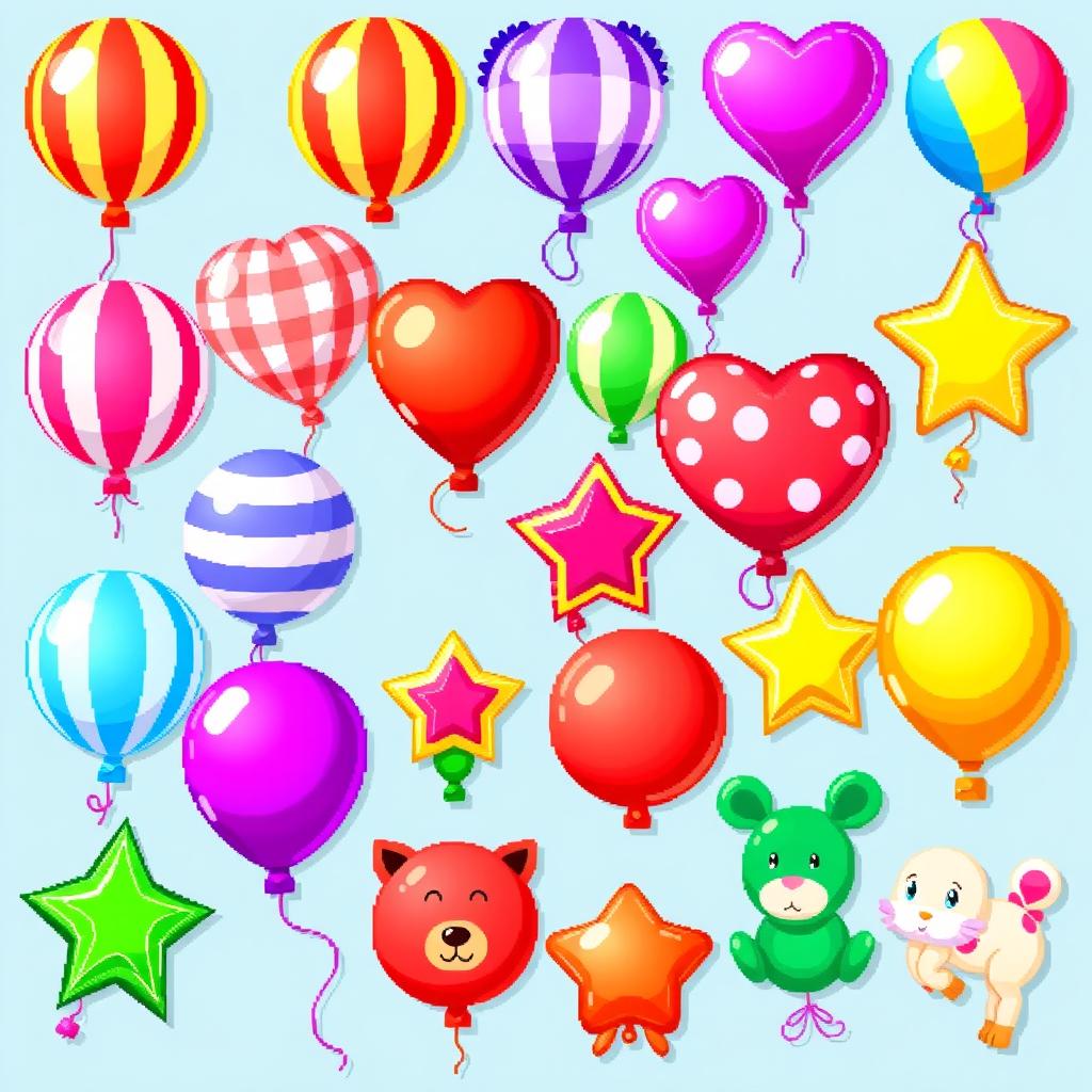 A vibrant and colorful pixel art spritesheet showcasing various types of balloons (globos) in different shapes and sizes