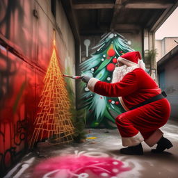 Santa Claus in his iconic red suit, intensely creating a vibrant, graffiti-style Christmas tree on a bare public wall in an urban environment.