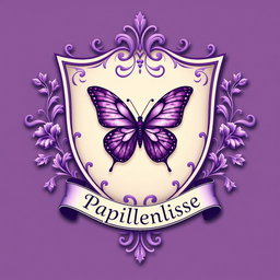 A beautifully designed emblem for the house of Papillonlisse, featuring a majestic purple butterfly at its center