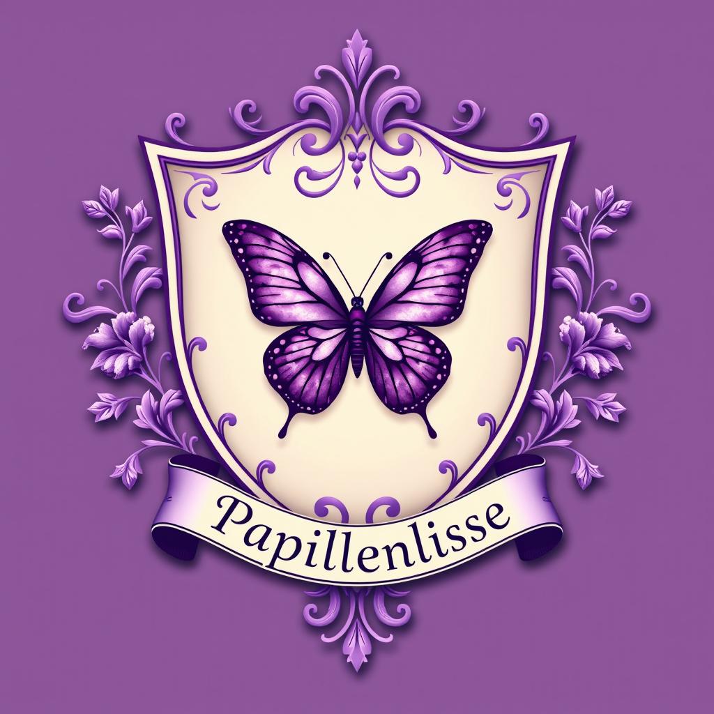 A beautifully designed emblem for the house of Papillonlisse, featuring a majestic purple butterfly at its center