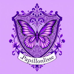 A beautifully designed emblem for the house of Papillonlisse, featuring a majestic purple butterfly at its center