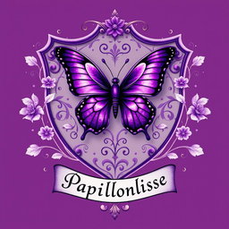 A beautifully designed emblem for the house of Papillonlisse, featuring a majestic purple butterfly at its center