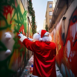 Santa Claus in his iconic red suit, intensely creating a vibrant, graffiti-style Christmas tree on a bare public wall in an urban environment.