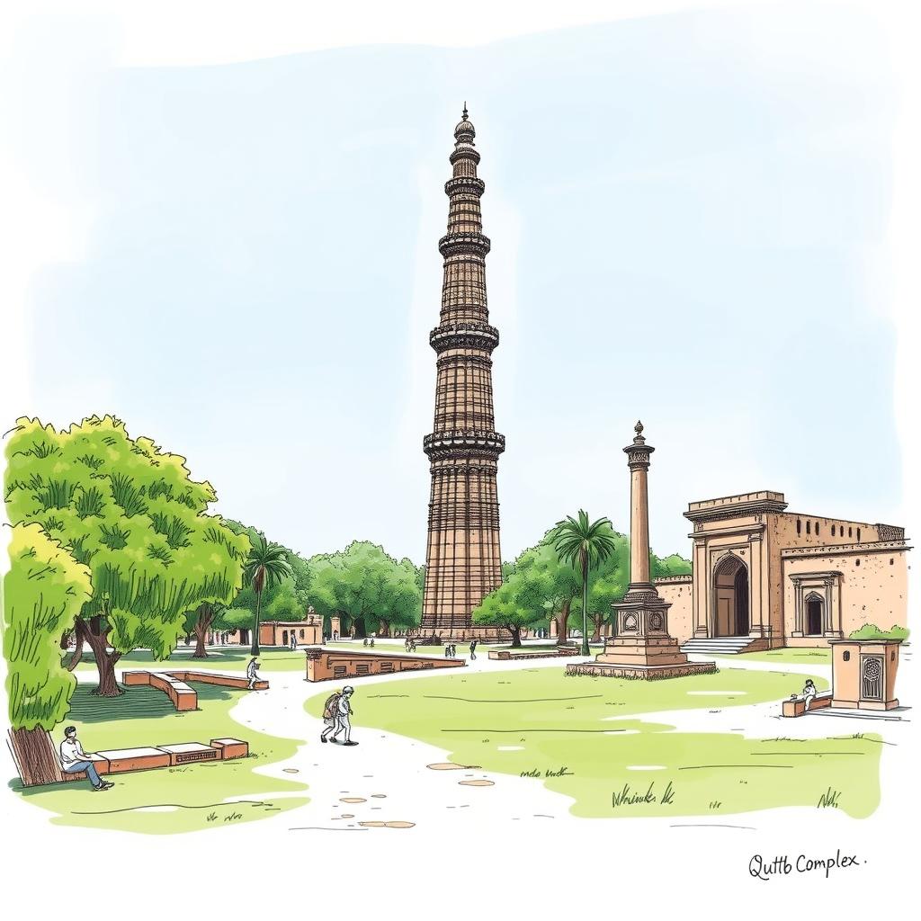 A detailed landscape sketch of the Qutb Complex, showcasing the iconic Qutb Minar, surrounded by lush greenery and ancient ruins