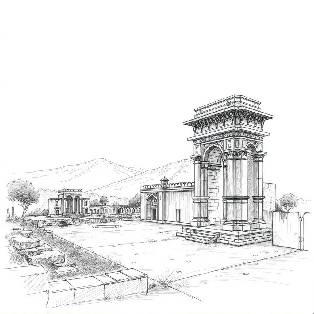 A detailed pencil sketch of the Qutb Complex, capturing the intricate architecture of its historical structures like the Qutb Minar and the surrounding ruins in a serene landscape setting