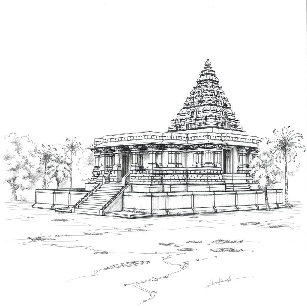 A detailed pencil sketch of the Sun Temple Complex at Konark, capturing its grandeur in a landscape format