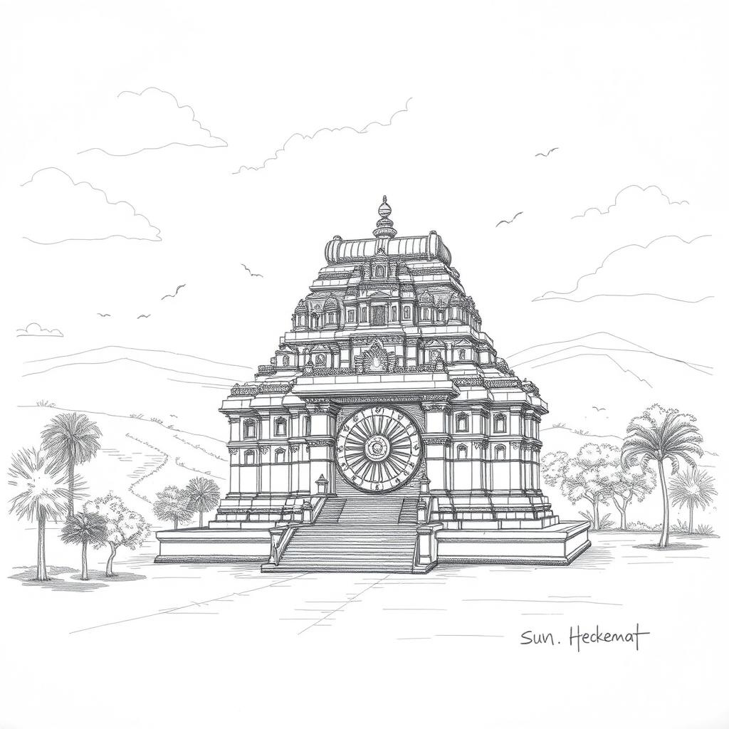 A detailed pencil sketch of the Sun Temple complex of Konark, showcasing its intricate architecture and landscape setting