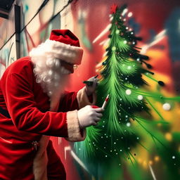 Santa Claus in his iconic red suit, intensely creating a vibrant, graffiti-style Christmas tree on a bare public wall in an urban environment.