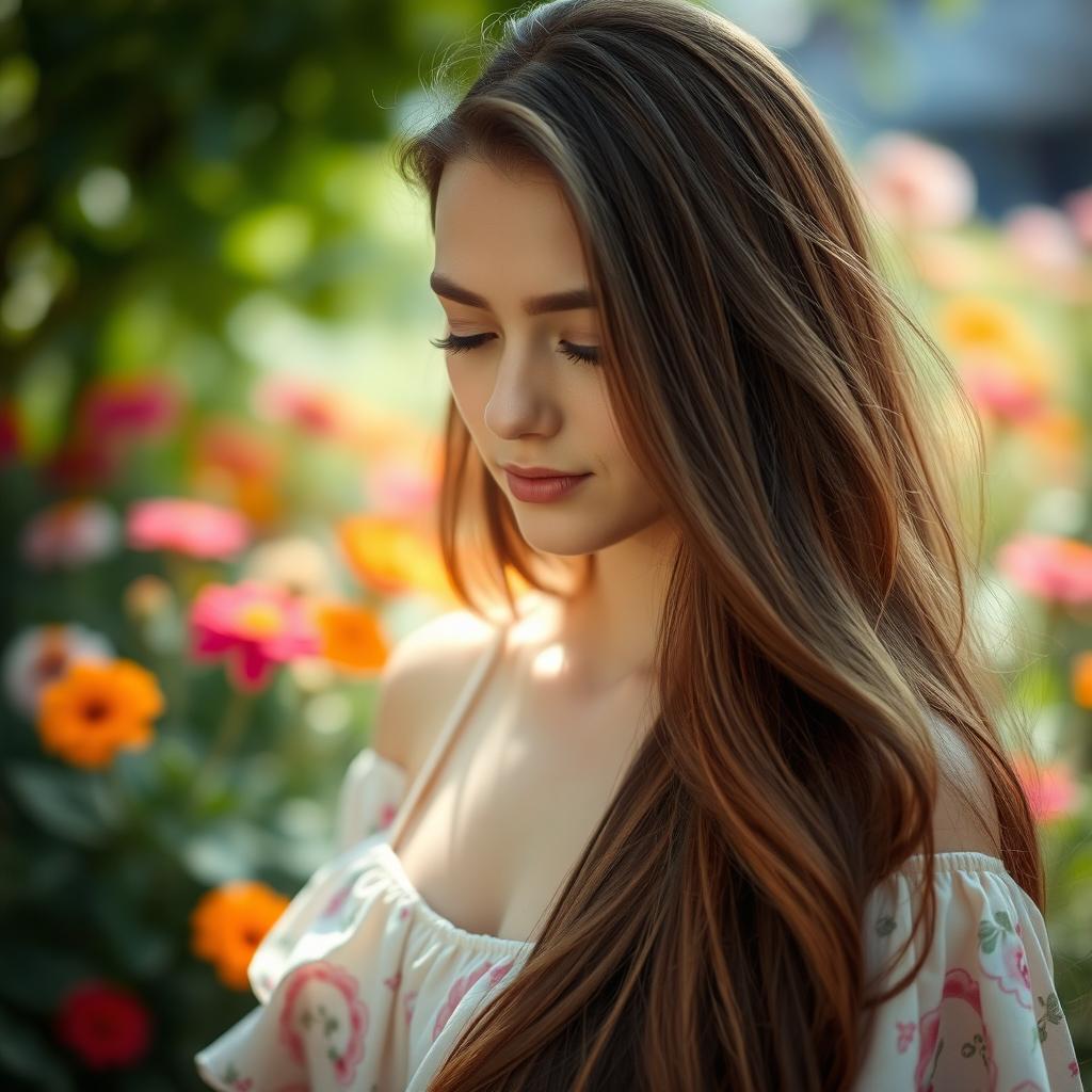A serene and introspective portrait of a beautiful woman with long, flowing hair, looking down thoughtfully