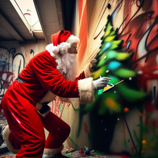 Santa Claus in his iconic red suit, intensely creating a vibrant, graffiti-style Christmas tree on a bare public wall in an urban environment.