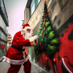 Santa Claus in his iconic red suit, intensely creating a vibrant, graffiti-style Christmas tree on a bare public wall in an urban environment.