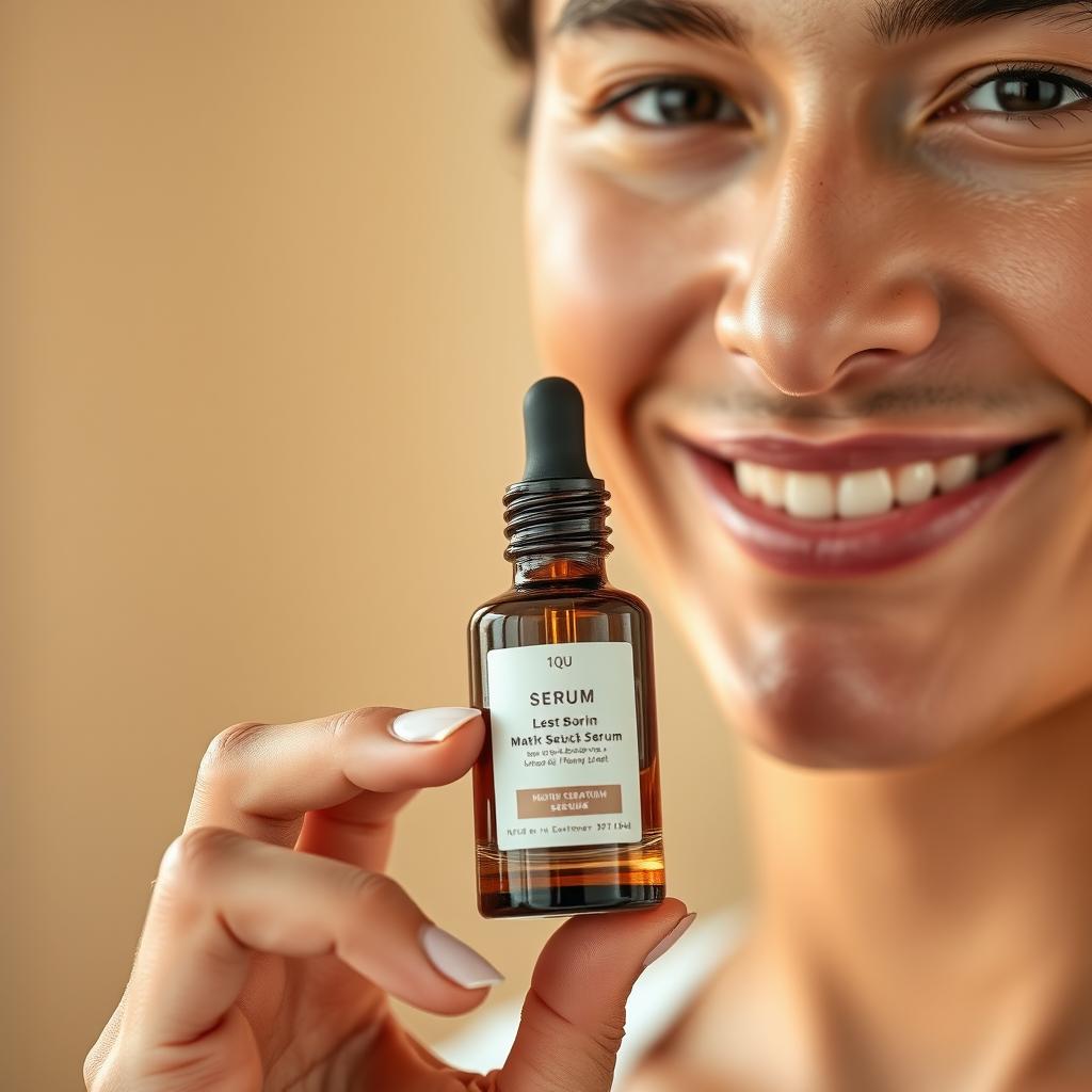 A close-up shot of a well-groomed adult holding a 30ml glass bottle of serum, showcasing the elegant design of the bottle with a dropper top