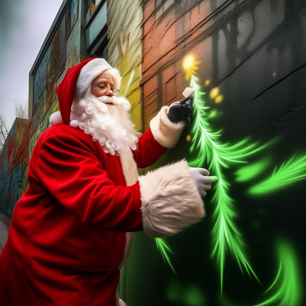 Santa Claus in his iconic red suit, intensely creating a vibrant, graffiti-style Christmas tree on a bare public wall in an urban environment.