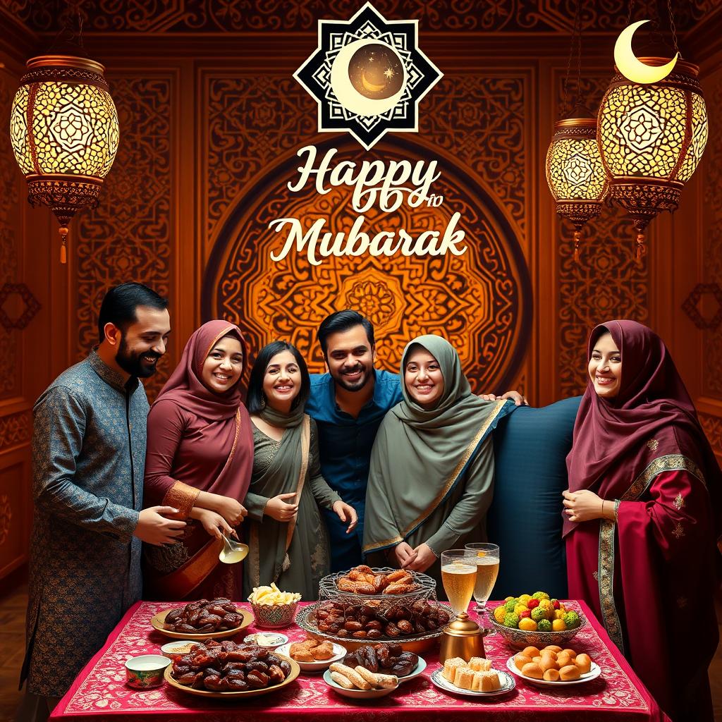A beautiful festive scene celebrating Ramzan Mubarak, showcasing intricate Islamic geometric patterns, decorative lanterns (Fanoos), and crescent moons