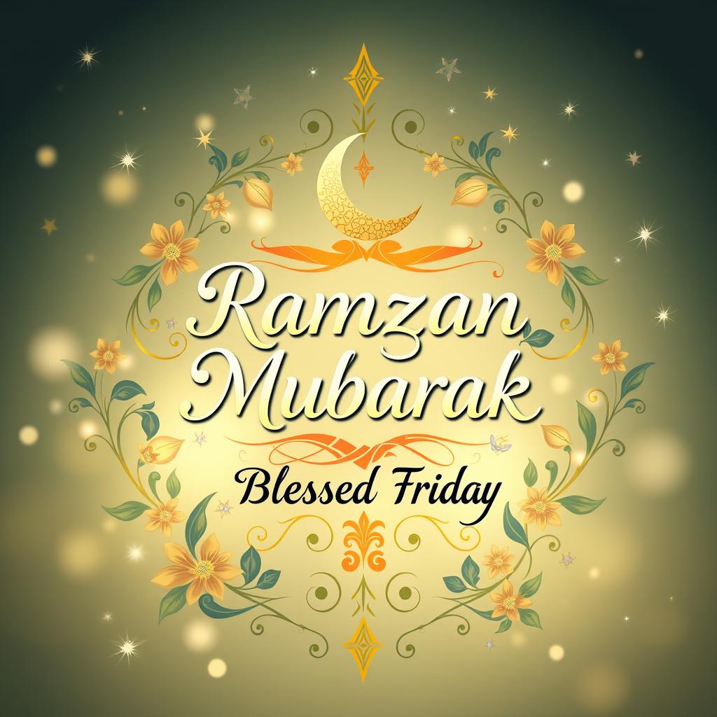A beautifully designed digital greeting card featuring the phrases 'Ramzan Mubarak' and 'Blessed Friday', intertwined with elegant floral patterns and traditional Islamic motifs