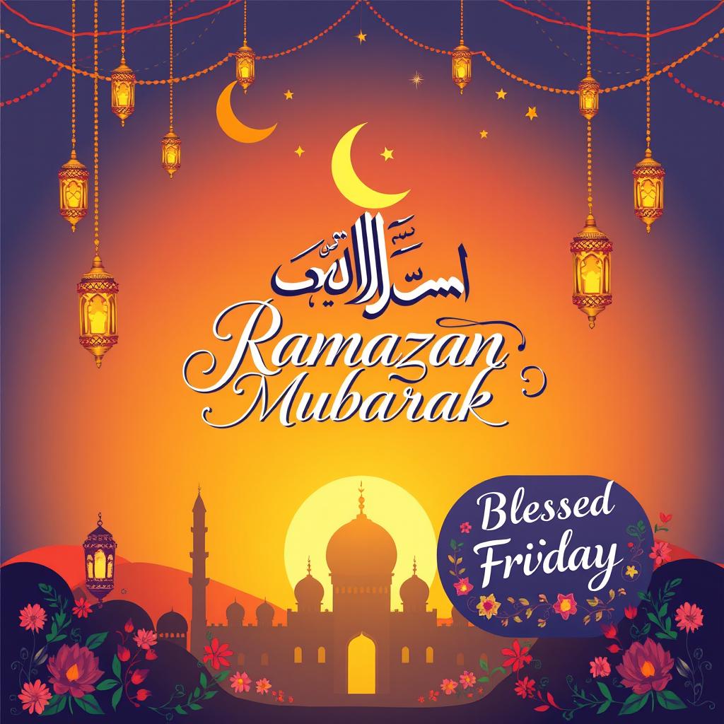 A vibrant and colorful illustration celebrating the spirit of Ramadan with the message 'Ramzan Mubarak' elegantly written in beautiful Arabic calligraphy at the center