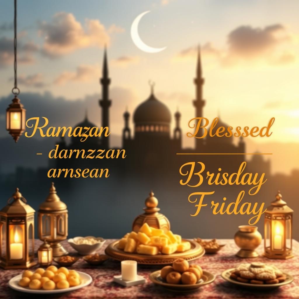 A warm and inviting scene representing the blessings of Ramadan and Friday, featuring a beautifully decorated table with traditional Arabic sweets, lanterns, and illuminated candles