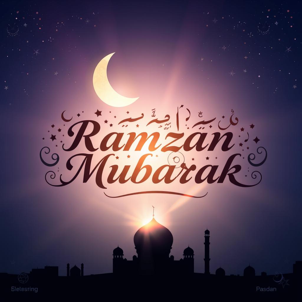 An artistic representation of the phrase 'Ramzan Mubarak' beautifully styled in Arabic calligraphy, surrounded by intricate patterns of stars and crescent moons symbolizing the Islamic month of Ramadan