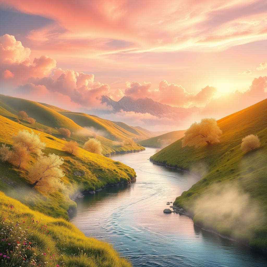 A serene and enchanting river flowing through a heavenly landscape, surrounded by ethereal clouds and soft, glowing light