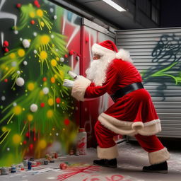 Santa Claus in his iconic red suit, intensely creating a vibrant, graffiti-style Christmas tree on a bare public wall in an urban environment.