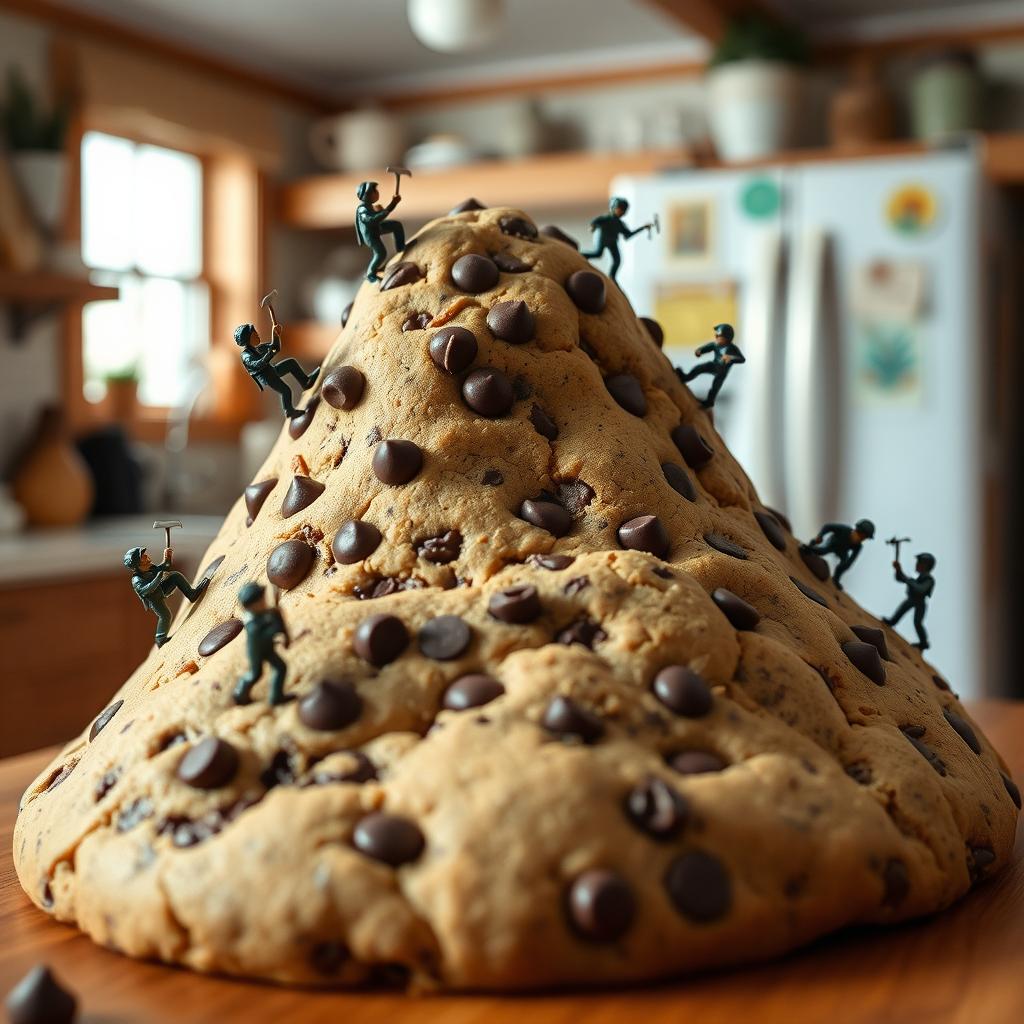 A macro photography scene depicting tiny figurines energetically climbing a giant chocolate chip cookie, resembling a mountain