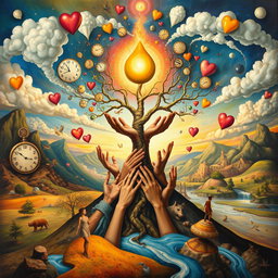 A surreal abstract masterpiece inspired by the works of Salvador Dalí, depicting a world embodying unity, peace, love, understanding, compassion, and respect for all