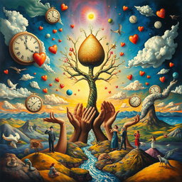 A surreal abstract masterpiece inspired by the works of Salvador Dalí, depicting a world embodying unity, peace, love, understanding, compassion, and respect for all