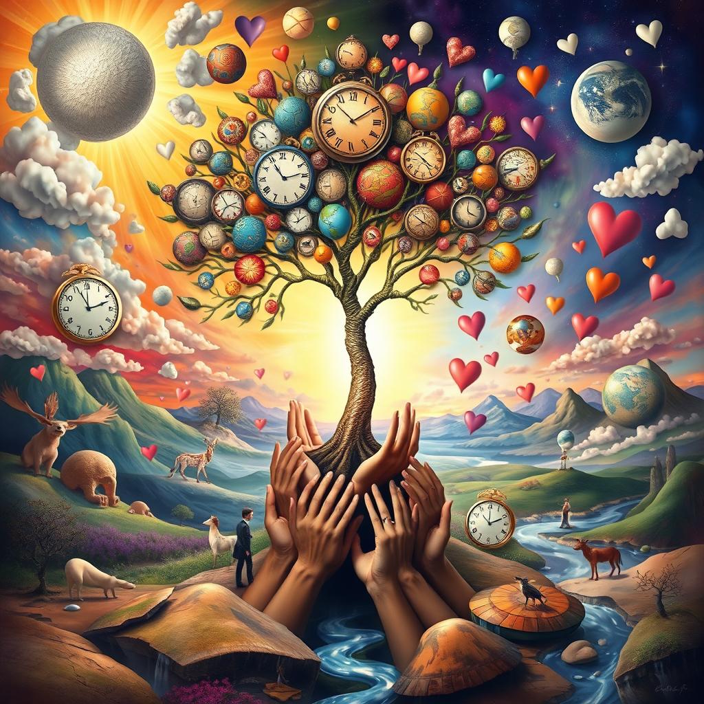 A surreal abstract masterpiece inspired by the works of Salvador Dalí, depicting a world embodying unity, peace, love, understanding, compassion, and respect for all