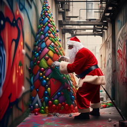 Santa Claus in his iconic red suit, intensely creating a vibrant, graffiti-style Christmas tree on a bare public wall in an urban environment.