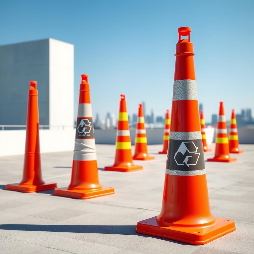 A vibrant and colorful image of newly designed traffic safety cones, featuring bold colors like bright orange and reflective stripes