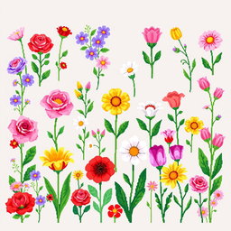 A detailed pixel art spritesheet featuring vertical flowers in a vibrant, colorful style