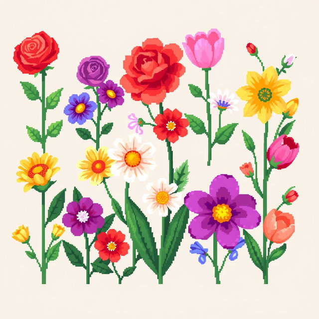 A detailed pixel art spritesheet featuring vertical flowers in a vibrant, colorful style