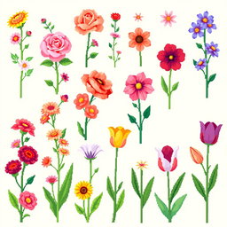 A detailed pixel art spritesheet featuring vertical flowers in a vibrant, colorful style
