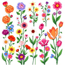A detailed pixel art spritesheet featuring vertical flowers in a vibrant, colorful style