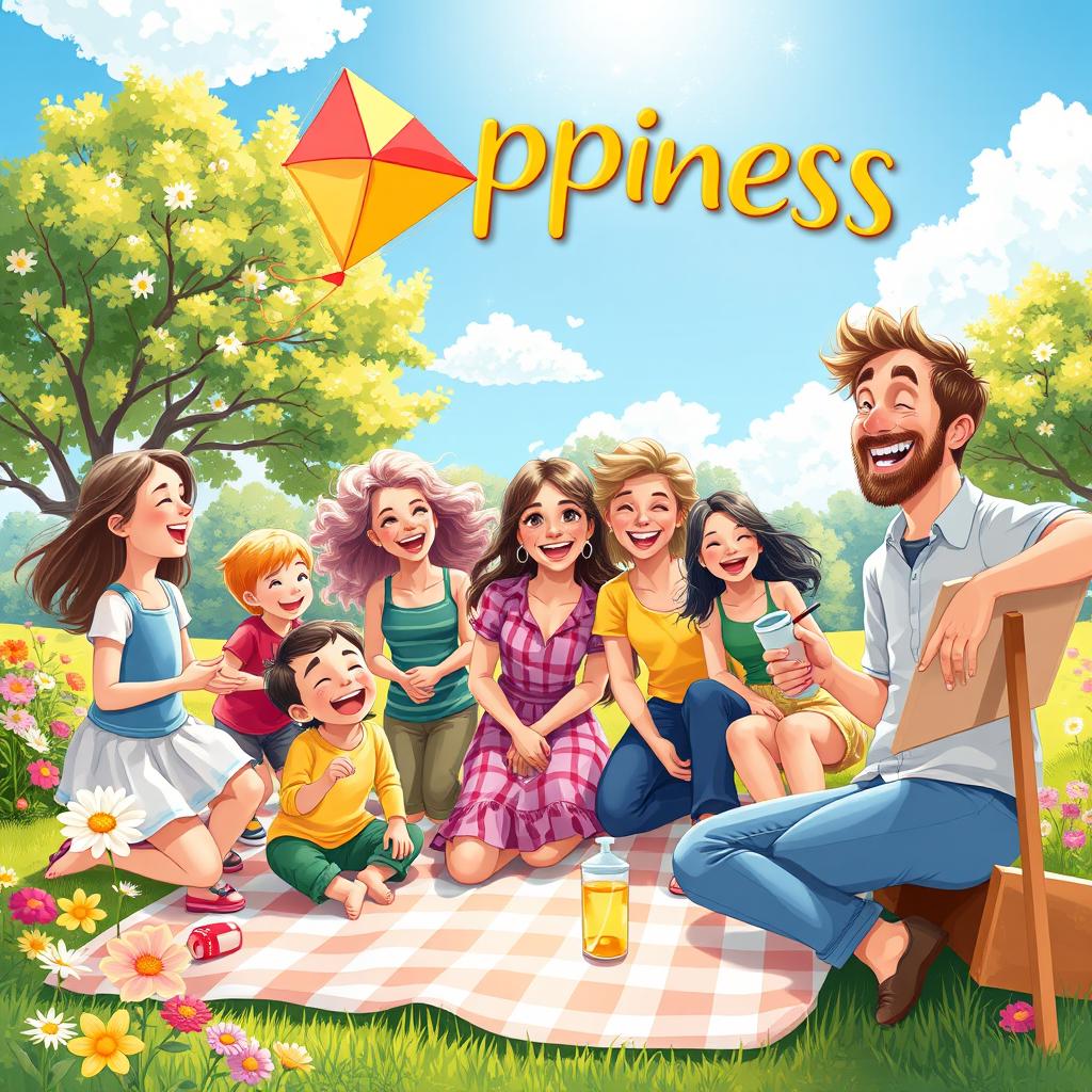 A vibrant and joyful scene illustrating happiness, showcasing a diverse group of people laughing and smiling together in a sunlit park