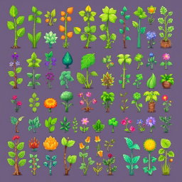 A vibrant and colorful spritesheet featuring various types of vertical plants in pixel art style