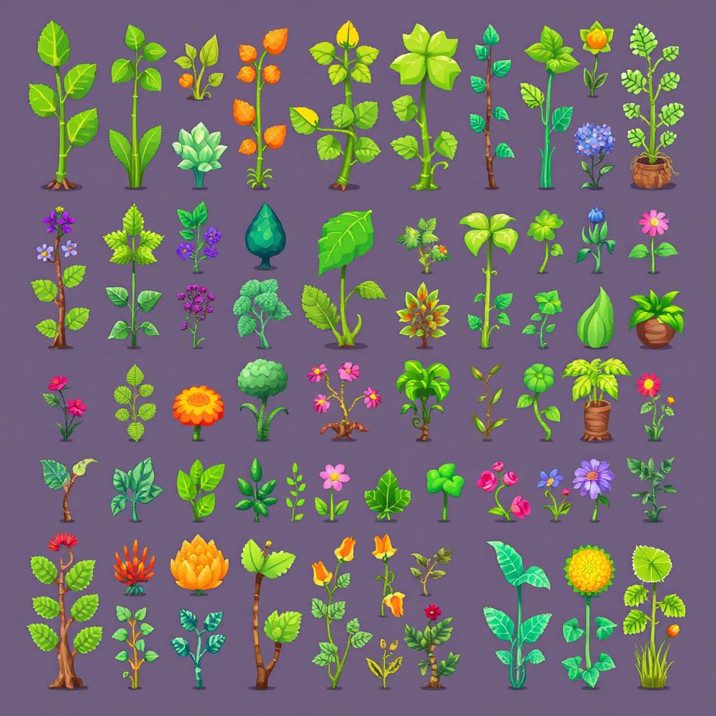 A vibrant and colorful spritesheet featuring various types of vertical plants in pixel art style