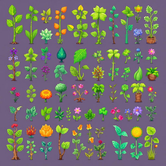 A vibrant and colorful spritesheet featuring various types of vertical plants in pixel art style