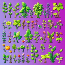 A vibrant and colorful spritesheet featuring various types of vertical plants in pixel art style