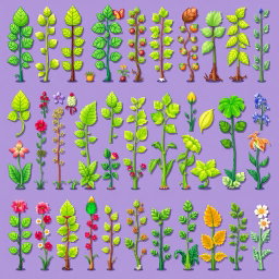 A vibrant and colorful spritesheet featuring various types of vertical plants in pixel art style